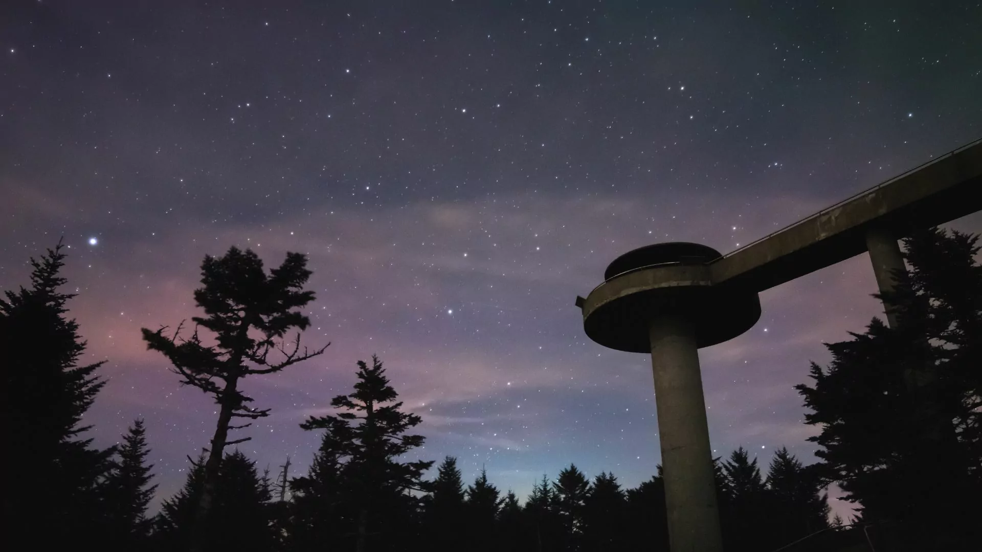 Clingman's Dome juts out over darkened treetops under a starry sky