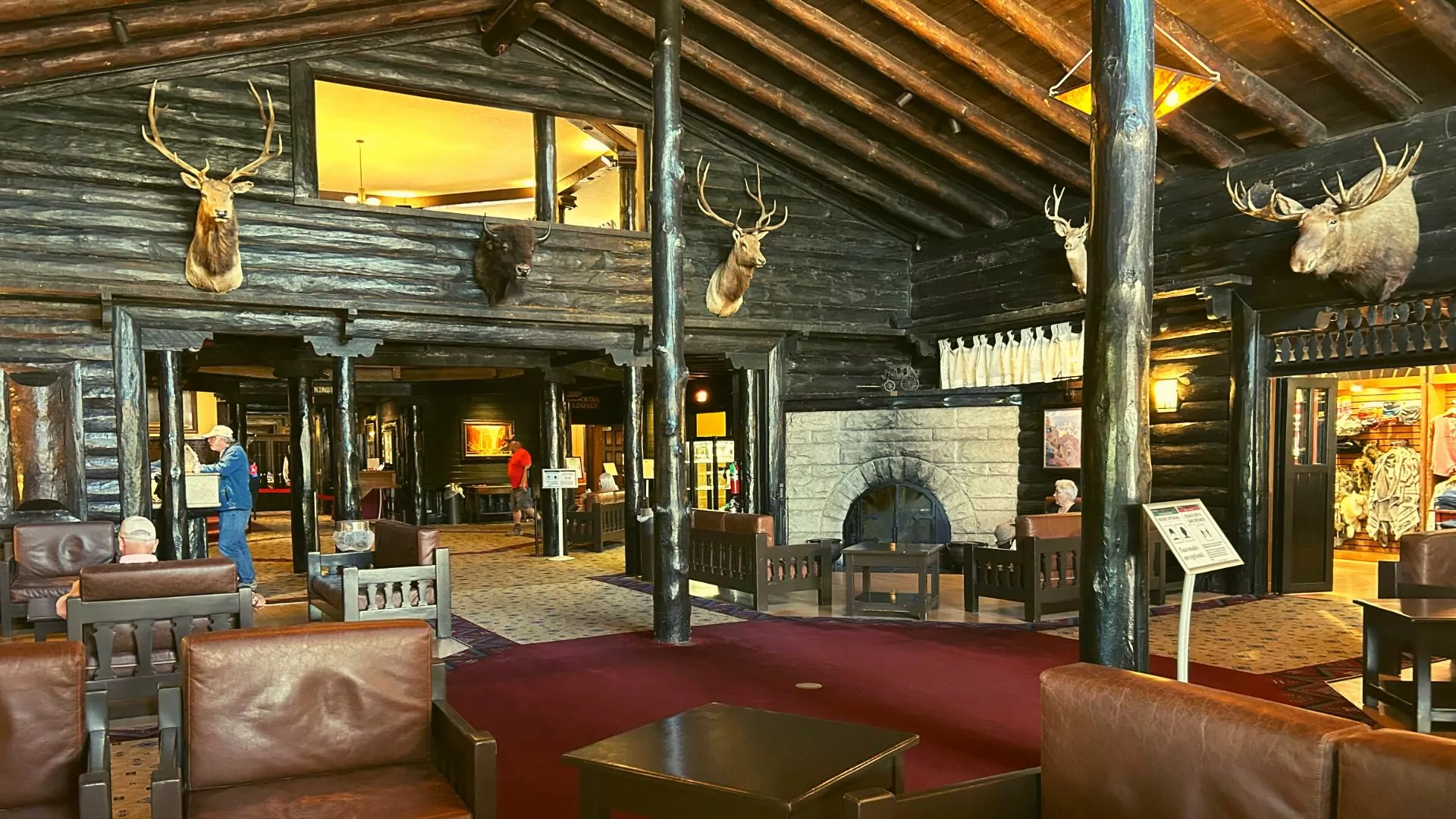 Log cabin-styled lobby of historic National Park lodge