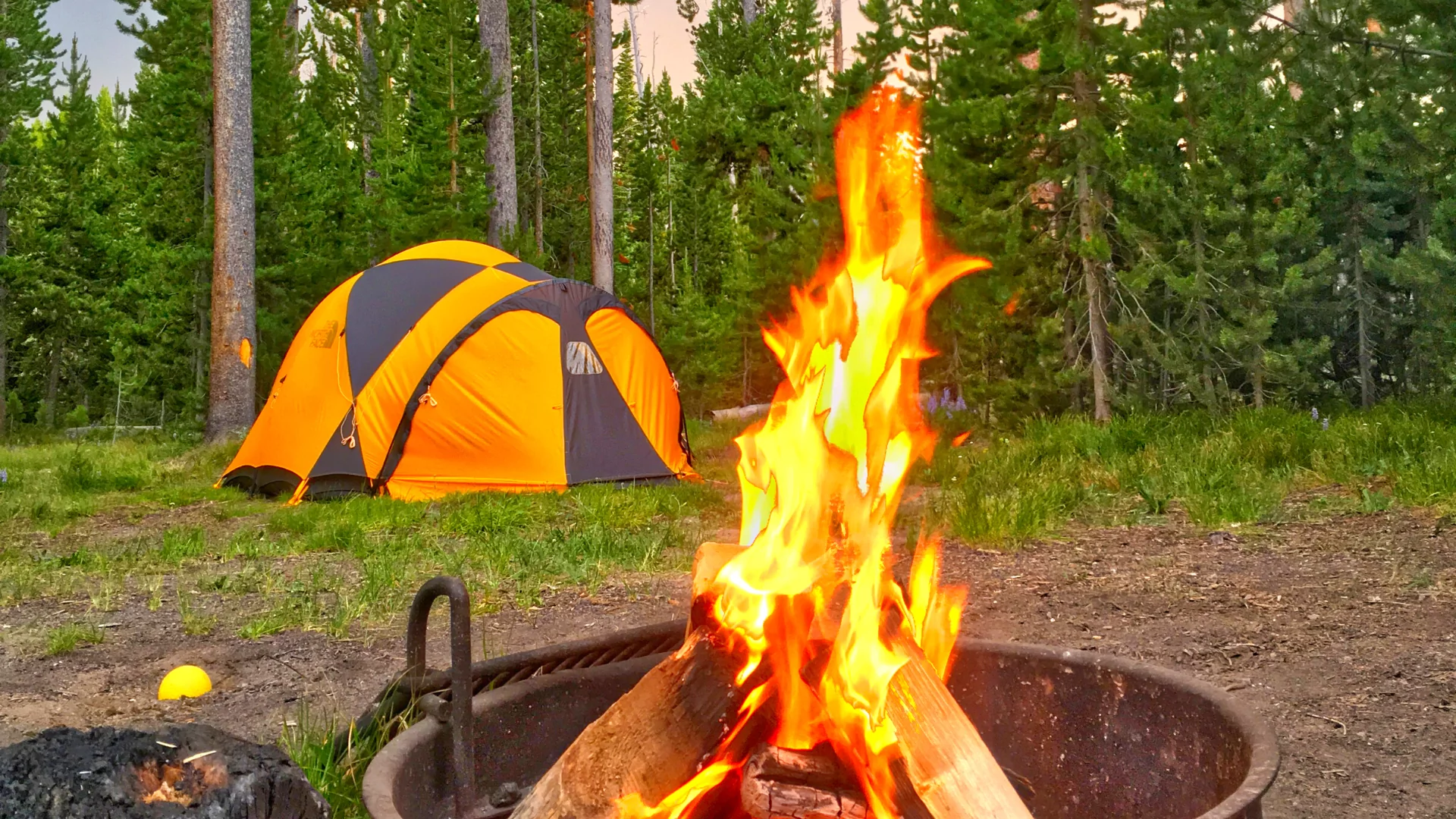 Yellowstone campground with tent and fire pit