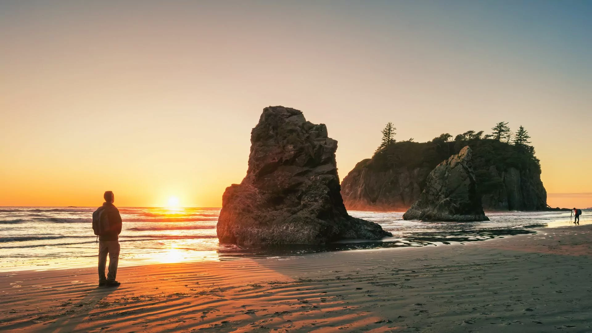 Hiker stroll Olympic National Park beach at sunset