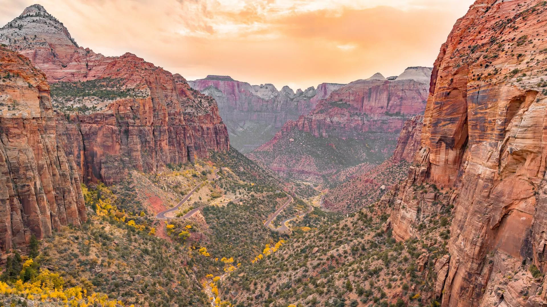 Zion National Park lies before you with towering red rock canyon walls on either side and a winding road leading down the the river running through it