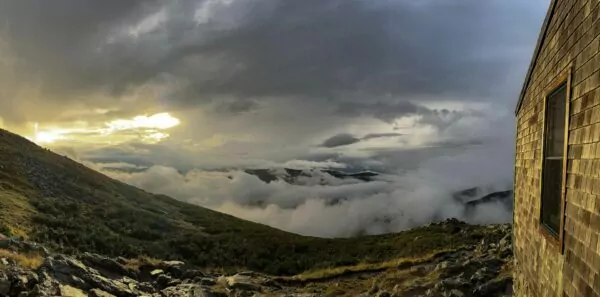 Sunrise on the Presidential Ridge of the White Mountains, as seen from Lake of the Clouds hut