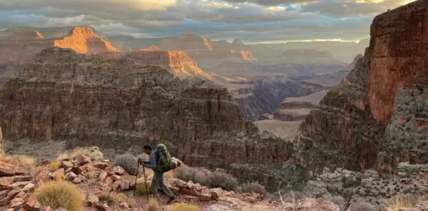 A backpacker descends into the Grand Canyon on a hike of the hermit loop