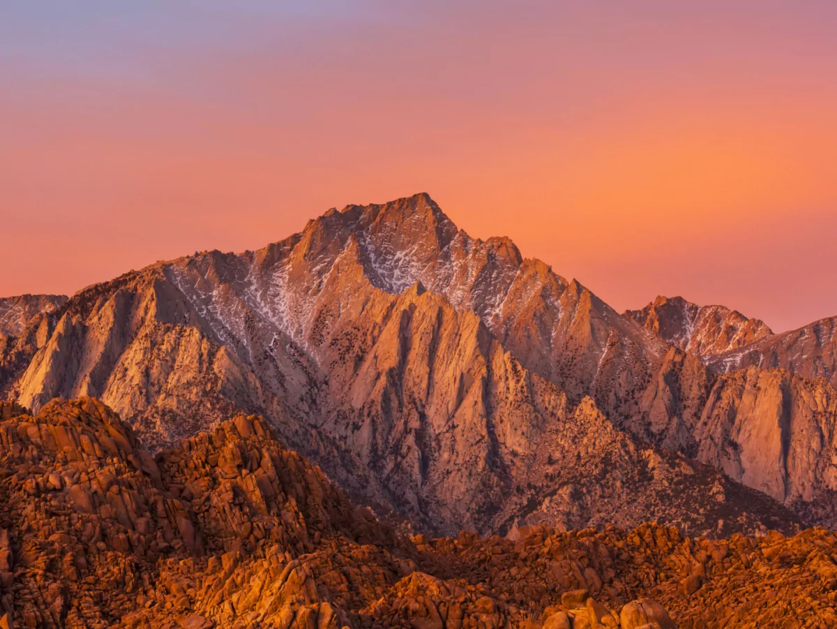 The sierra nevada mountain range in california glows in the sun