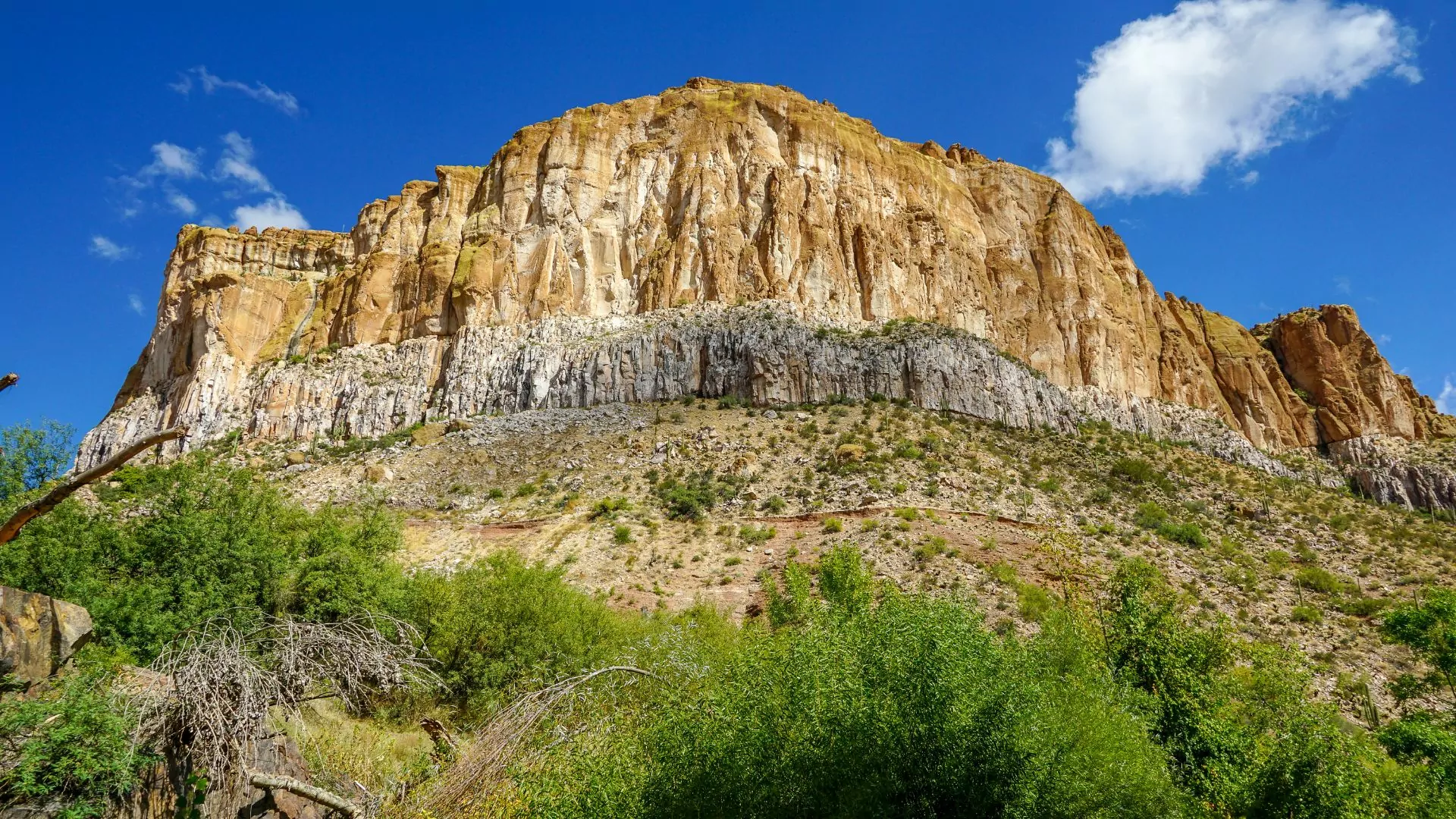 A rock feature rises above Aravaipa canyon in Arizona