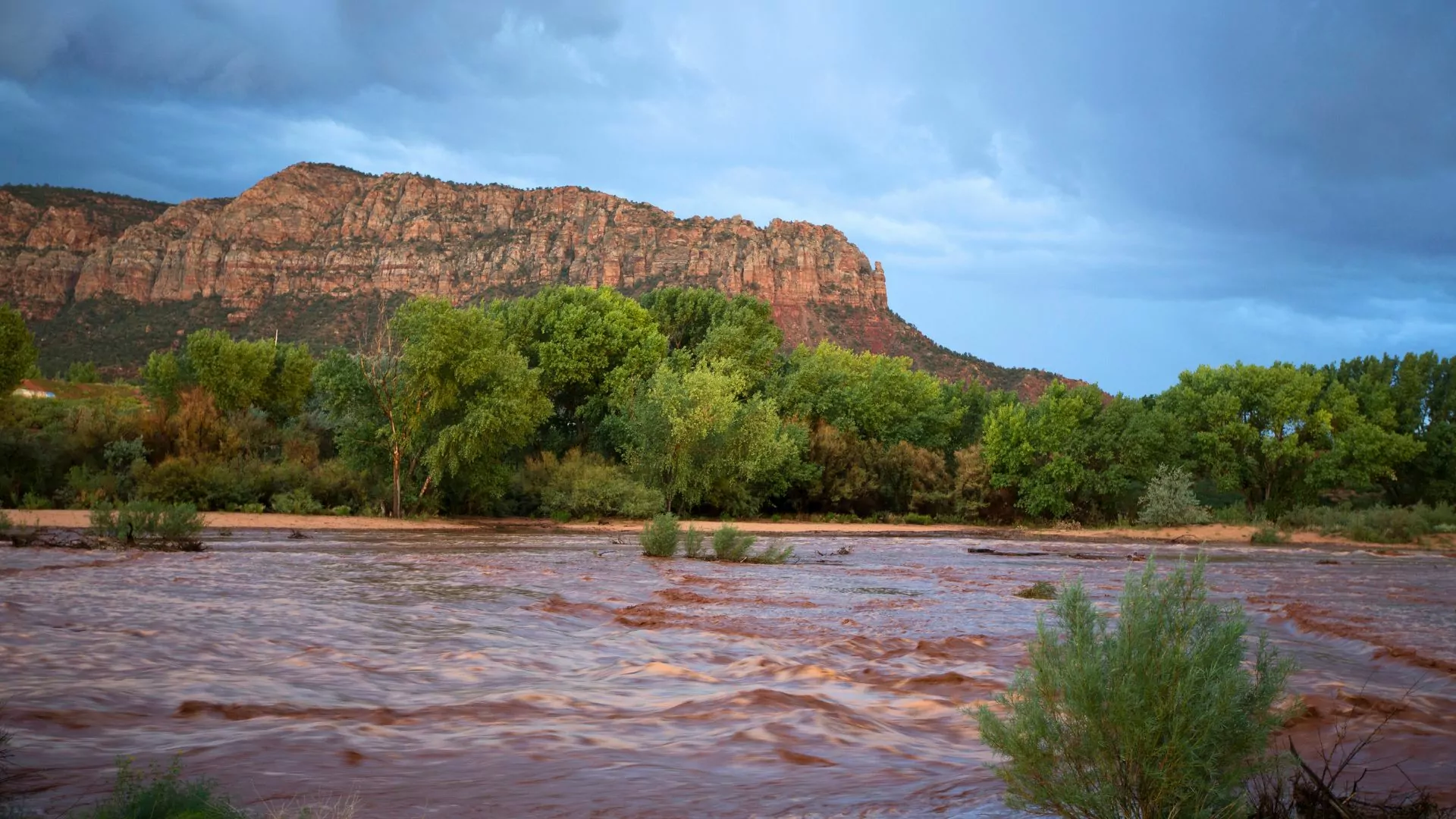 Flood waters flow through a desert environment