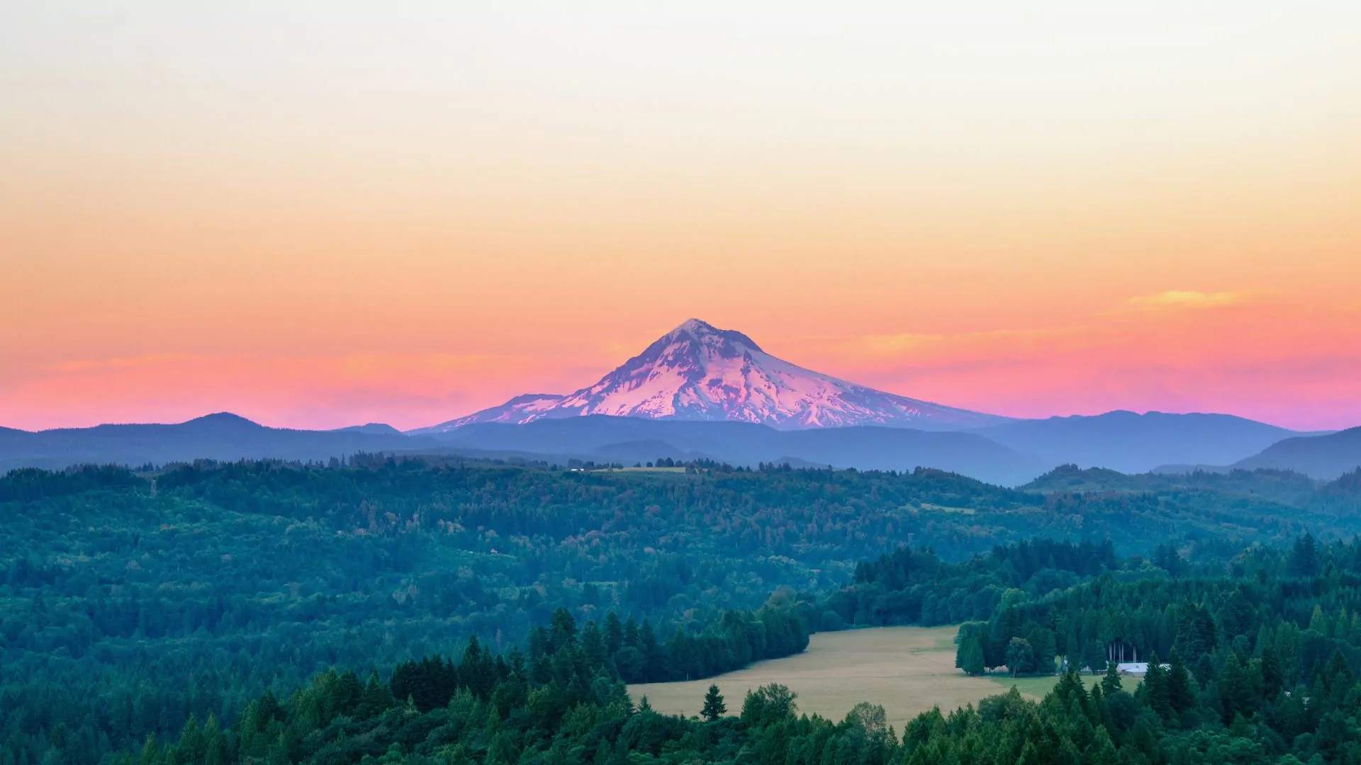 A snow covered Mount Hood sits on the Oregon horizon