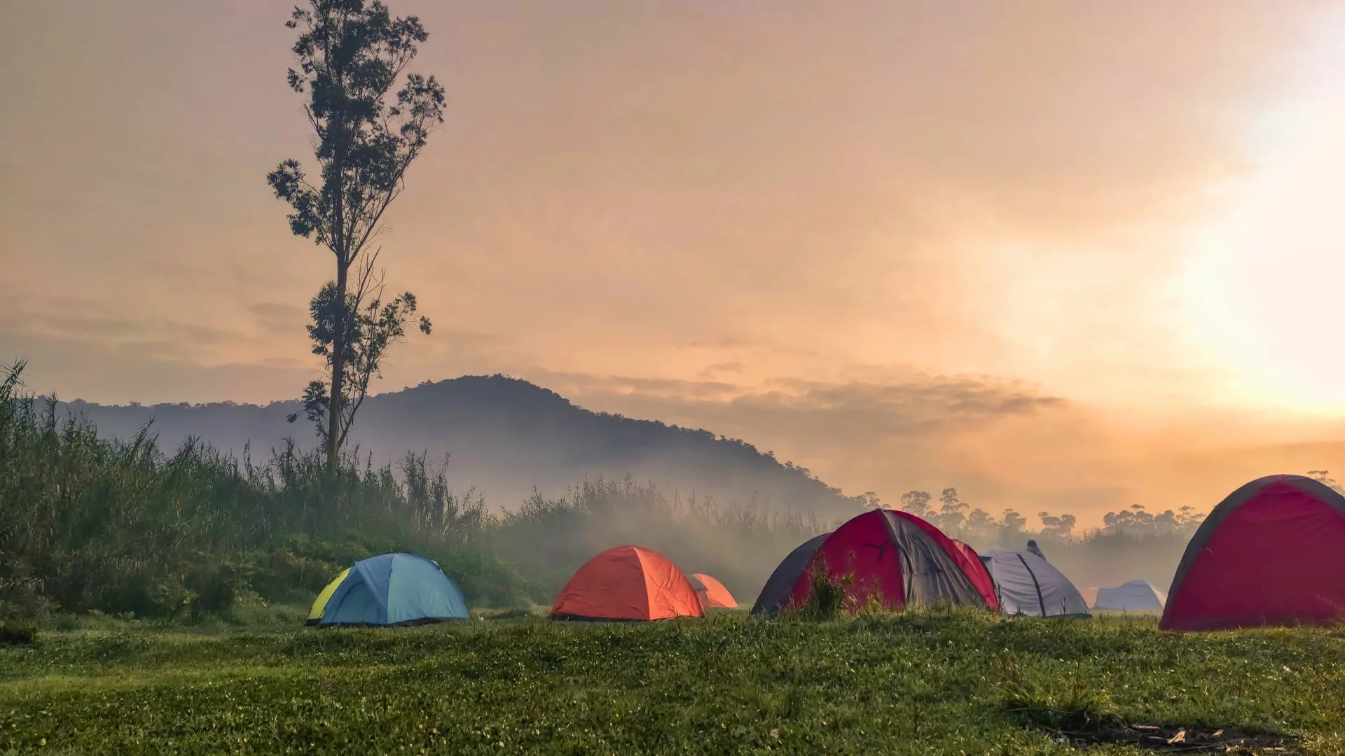 The sun rises over a group of tents set up together