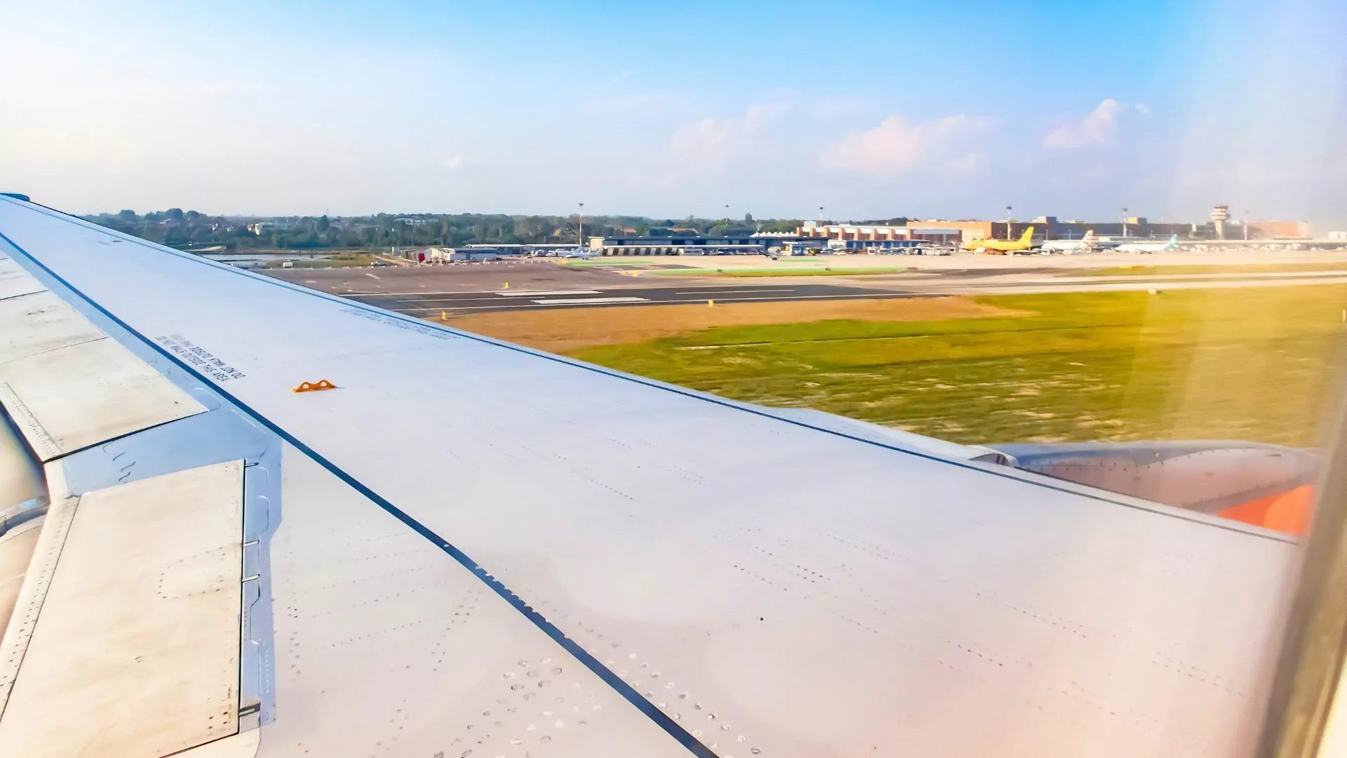 A plane touches down on the runway at Venice airport in Italy