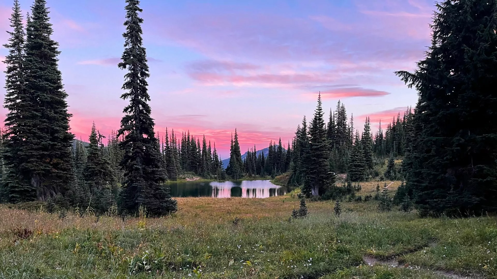 Pink sunset over an alpine lake