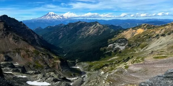Snow capped mountains rise in the distance in the Goat Rocks