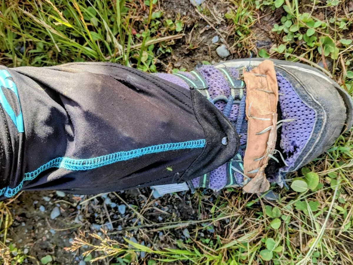 A ripped hiking shoe shows evidence of repair