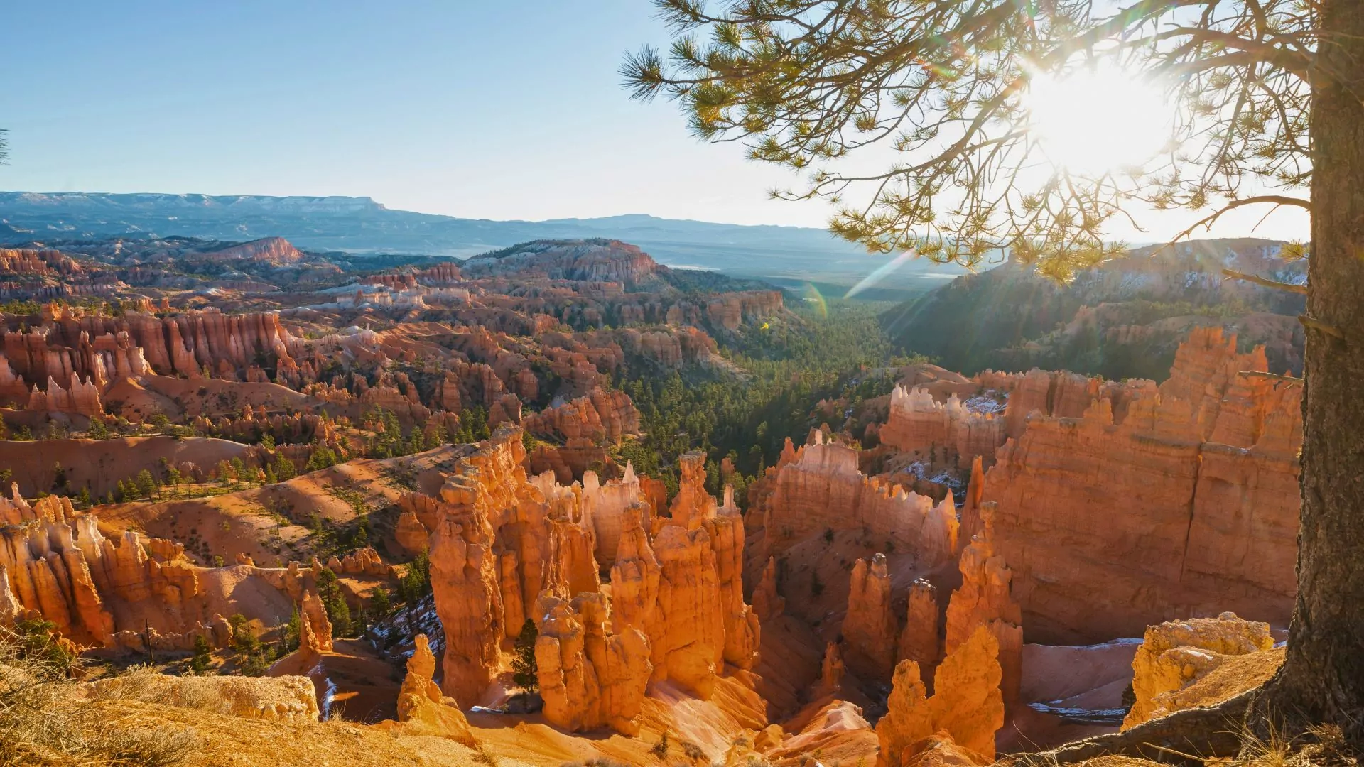 Sun shines through over Bryce National Park on a spring morning